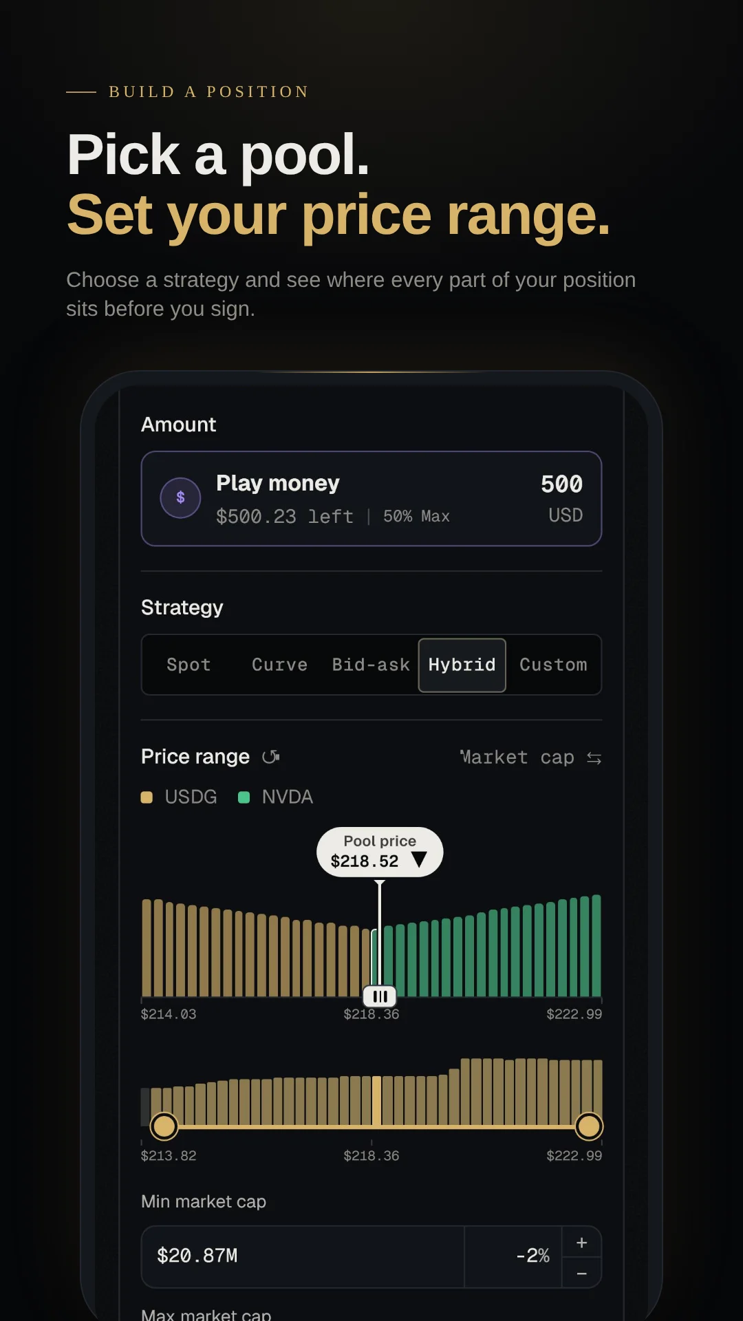 Build a position: pick a pool and set your price range