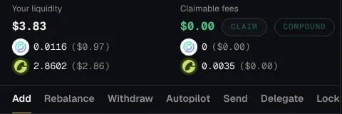 A position's panel on LoomDesk: its liquidity of $3.83 in CRCL and USDG, claimable fees with Claim and Compound buttons, and the tabs Add, Rebalance, Withdraw, Autopilot, Send, Delegate and Lock